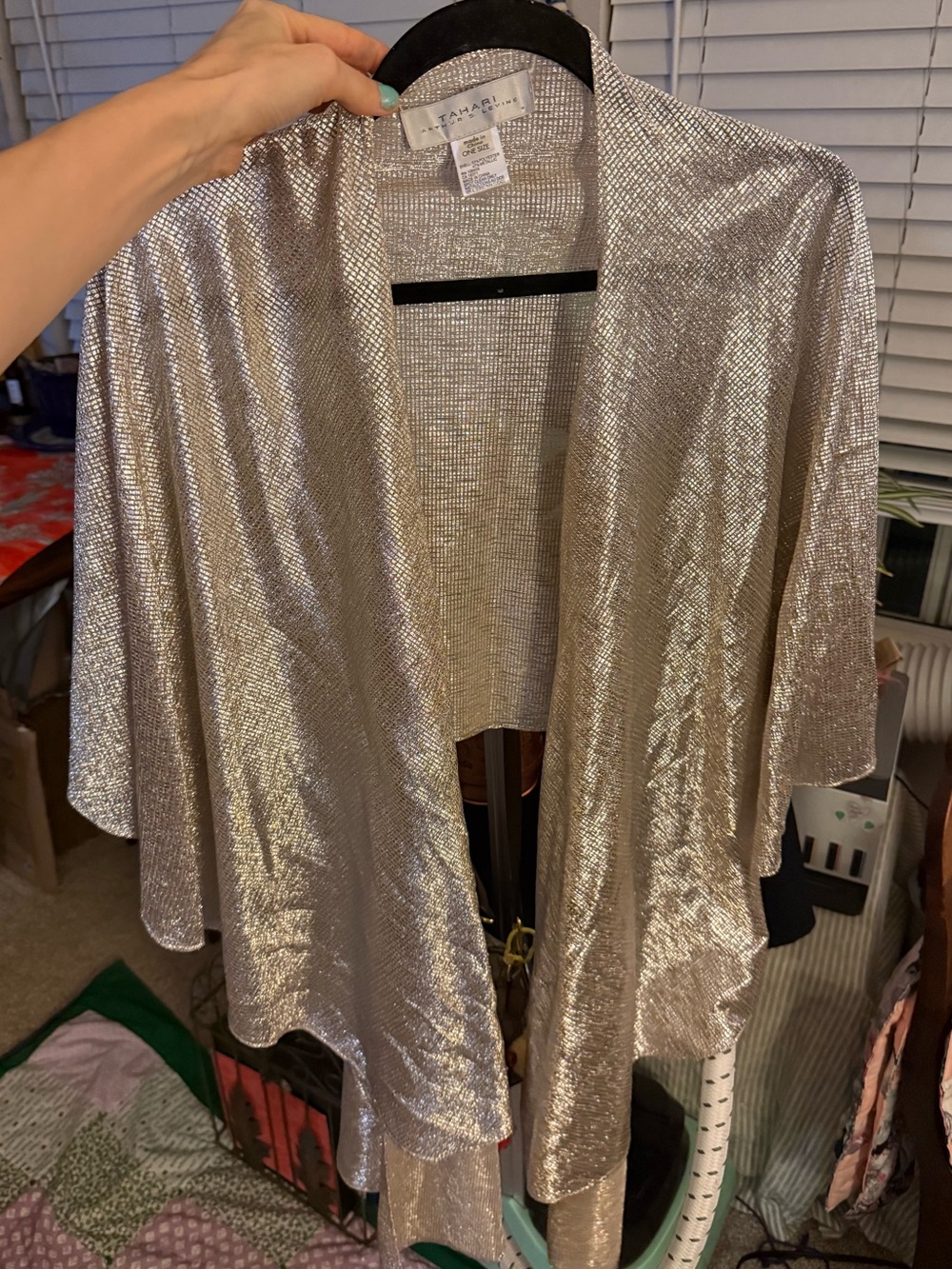 Tahari Silver Draped Open-Front Cape Jacket